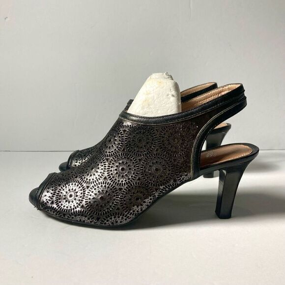 Nurture Women's Size 8.5M Silver/Black Leather Peep Toe Slingback Heels - Picture 8 of 8